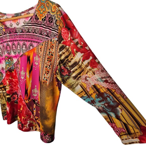CAIA Womens Top XL 3/4 Sleeves Boho Mixed Print Stretchy Rhinestones Artsy Y2K - Picture 2 of 7